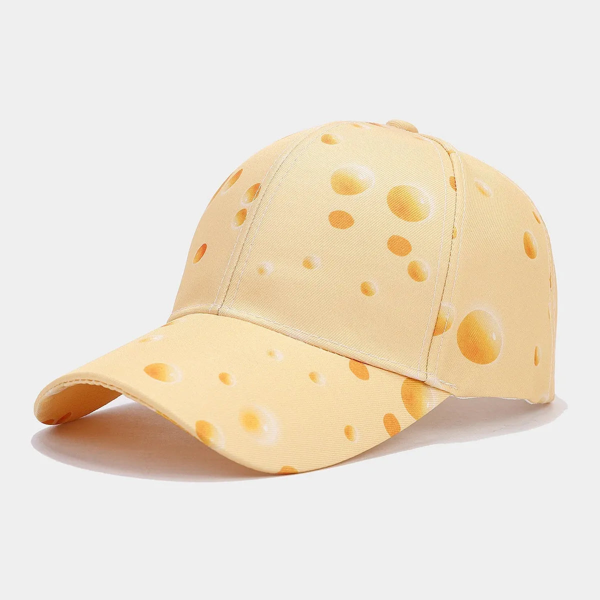 Cheese pattern printed peaked cap with adjustable strap and dome crown