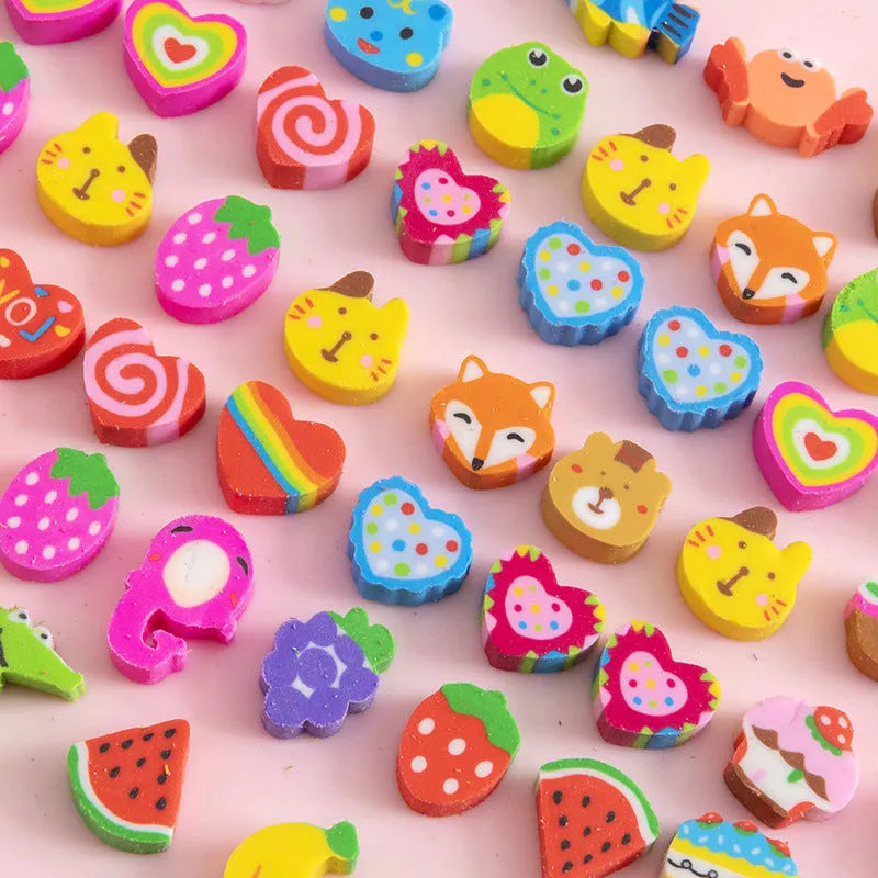 Assortment of 50 small colourful cartoon fruit and animal themed TPR rubber mini erasers.