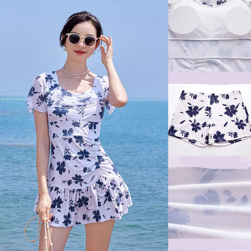 Women's white mesh short sleeve one-piece swimming dress with briefs bottom