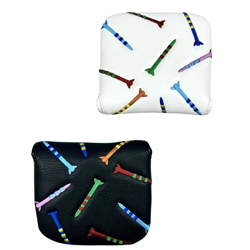 Black and white golf putter head protective sleeve with rocket pattern for square putters.