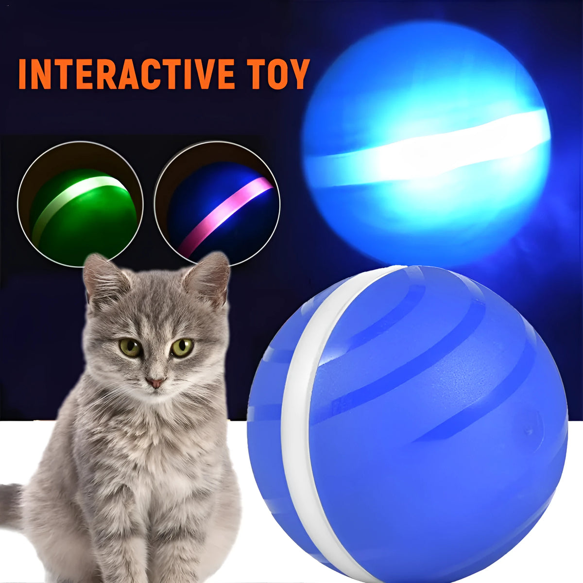 LED rolling flash ball pet toy in rubber with USB charging, shown in black, blue, and pink colour options