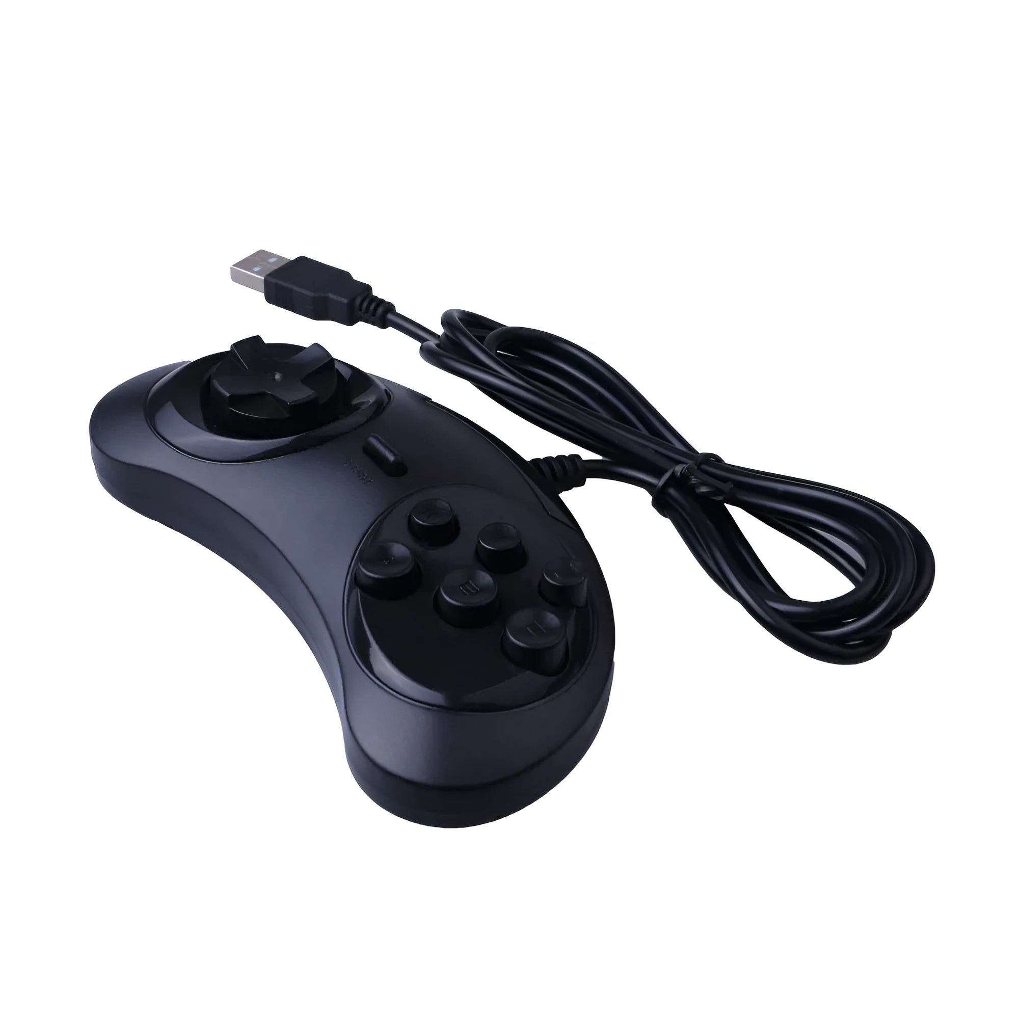 Black Sega USB PC game controller with 1.8 metre cable showing compact size
