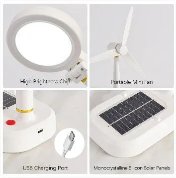 Ivory white solar table fan and LED study lamp combo with ABS shade and button controls