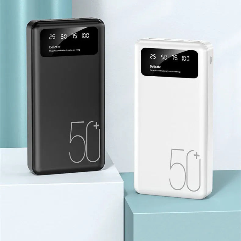 50000 mAh portable power bank with LED display and fabric texture finish in black or white