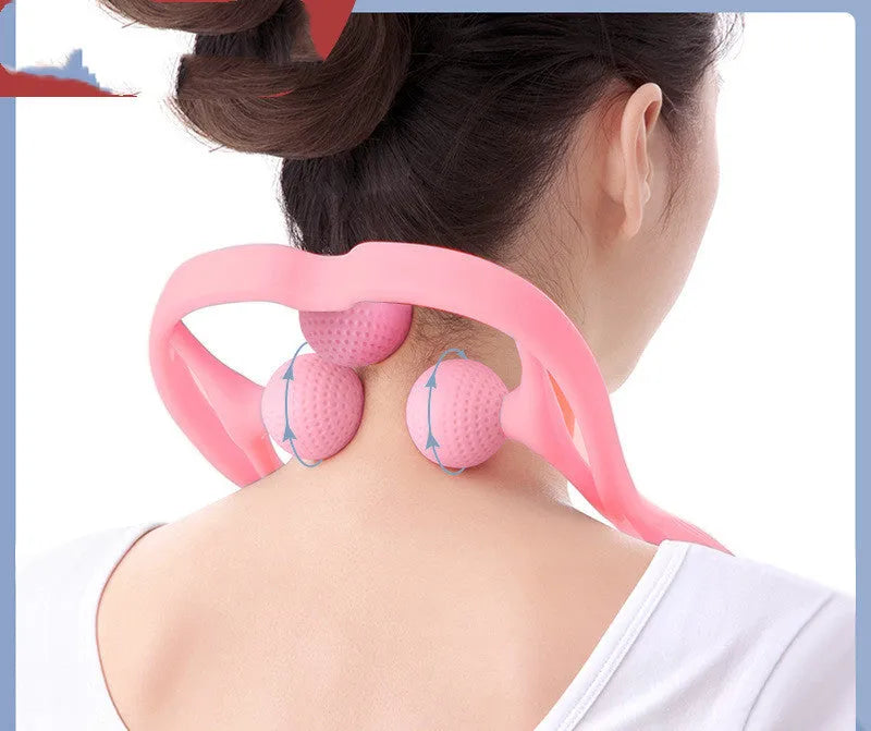 Three-ball multifunctional cervical spine massager in pink or light blue for neck, head, legs, and feet, no power required