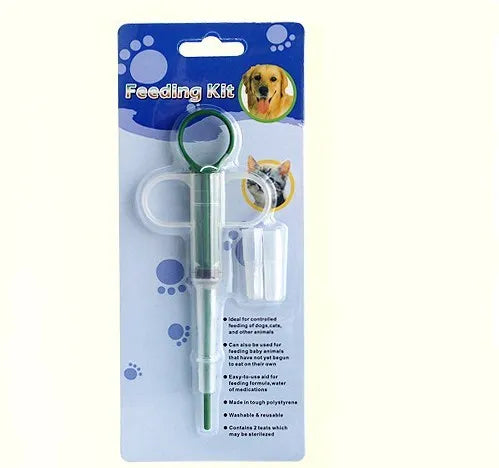 Pet medicine pills feeder with leakproof injection design in red and blue plastic and silica, 15cm length