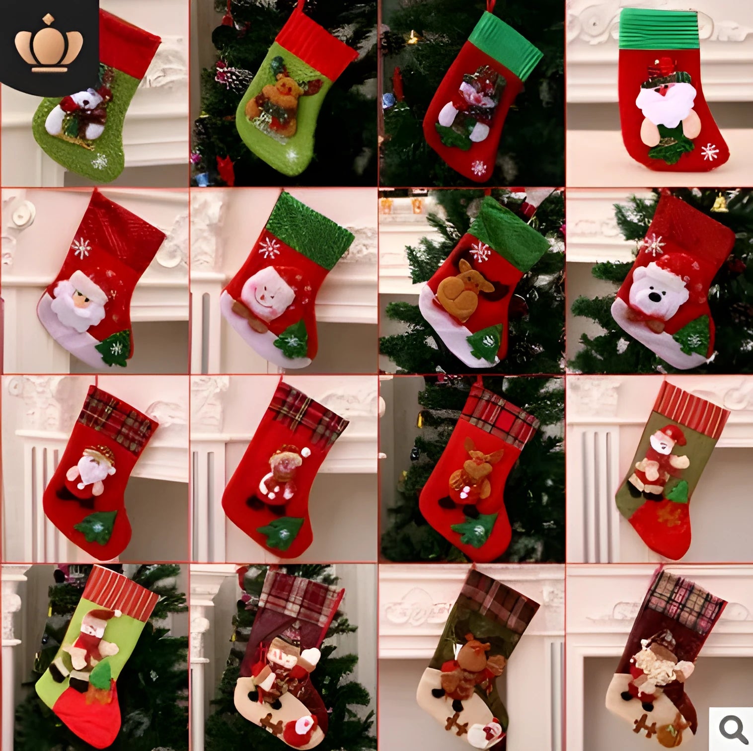 Hand-sewn cloth Christmas socks in sequin and letter styles, including a large red sock for gift bag use