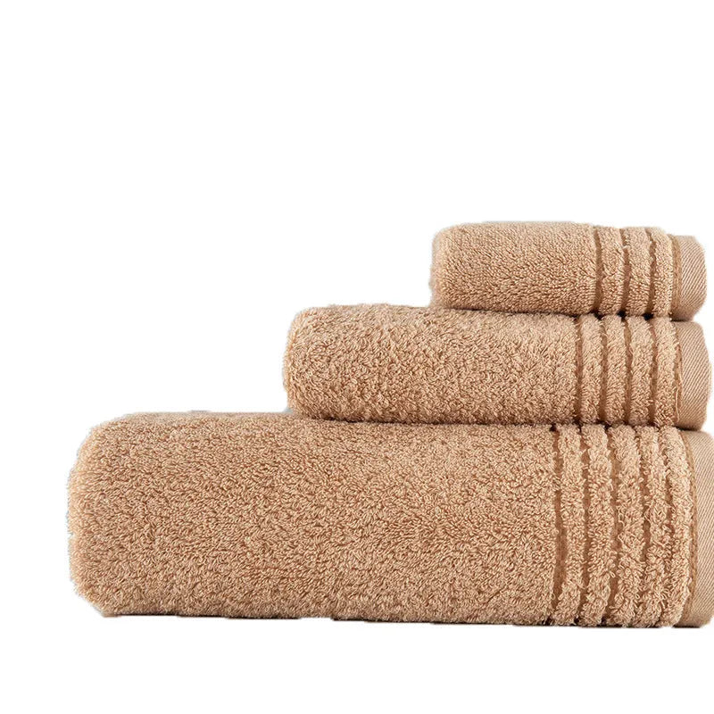 Cotton towel set showing beige and brown options with 34cm and 70cm sizes