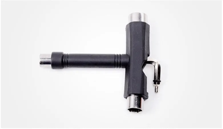 Steel skateboard T-wrench with 9.5mm 13mm 14mm sockets and plastic edging handle