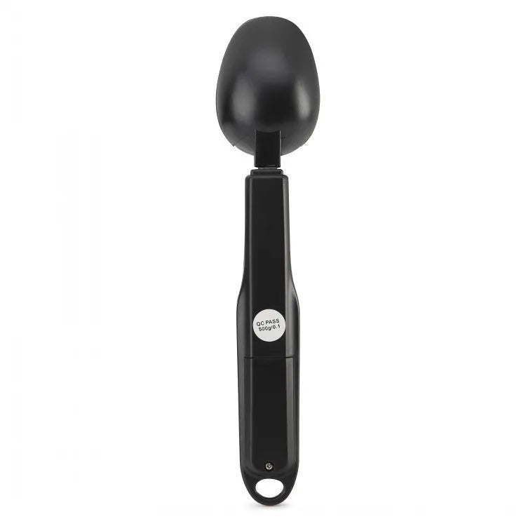 Smart digital kitchen measuring spoon with LCD display showing weight measurement.