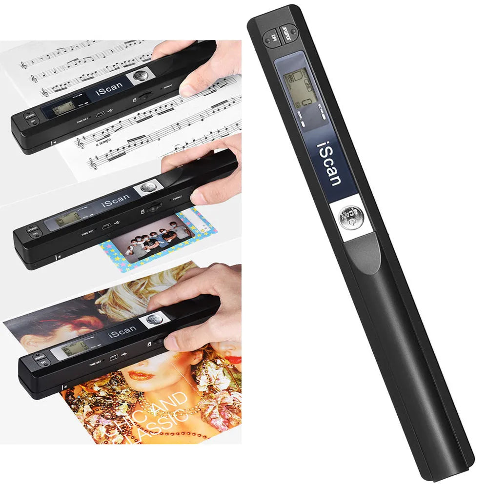 Handheld plastic scanner held in hand, shown in black, blue, green, red, and silver colour options.