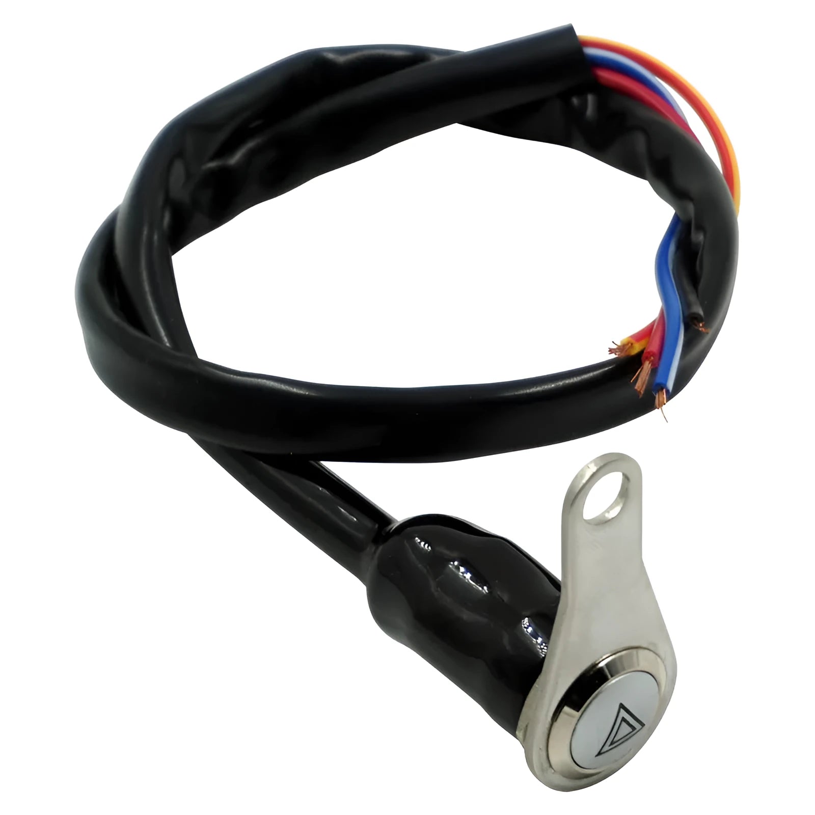 Black stainless steel motorcycle switch with a metal button and light ring for double flash control.