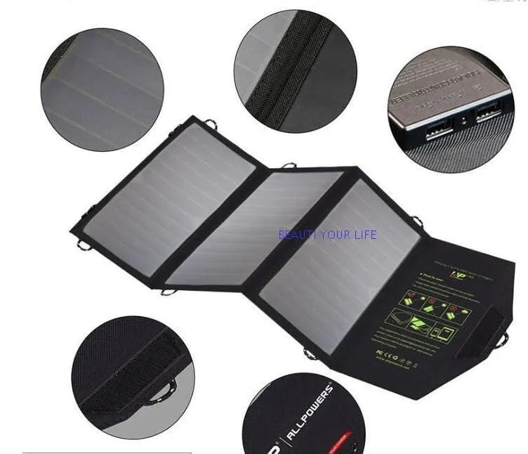 Black foldable solar panel charger with dual USB ports unfolded on a backpack.