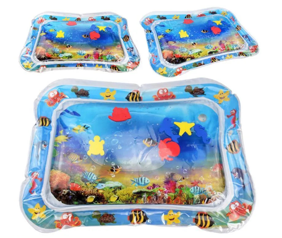 Baby inflatable water mat with 66x50cm PVC water cushion, two air rings, and foldable floor play design