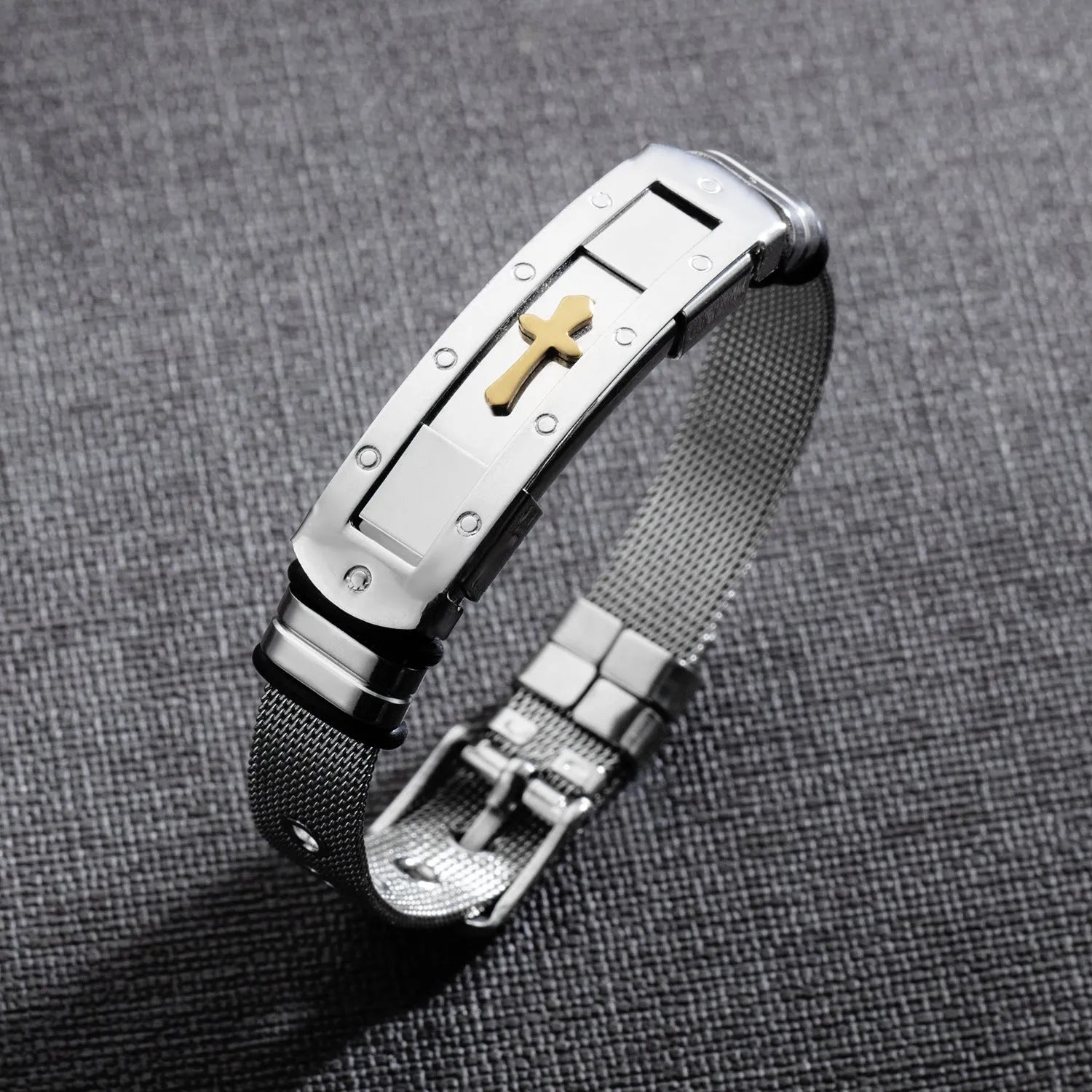 Meaeguet stainless steel cross charm bracelet for men with adjustable rope chain and toggle clasp