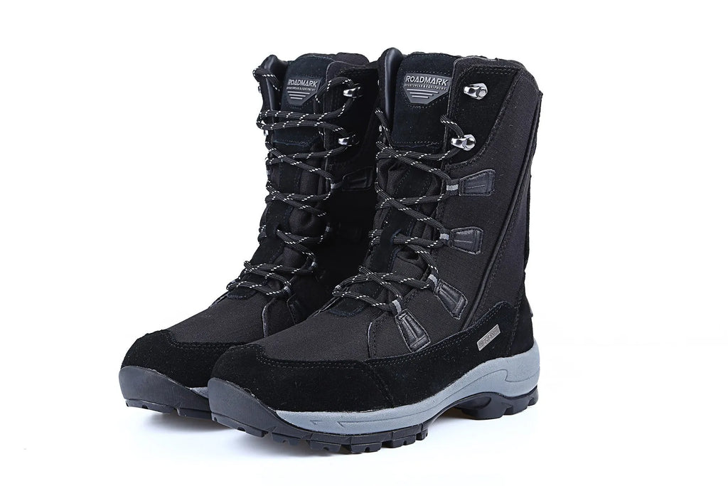 Women's black mid-calf length genuine leather snow boots with a round toe and rubber sole.