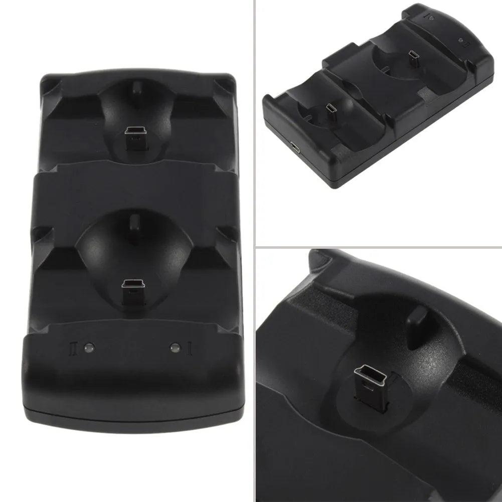 Black PS3 dual USB charging dock for two PlayStation 3 wireless controllers.