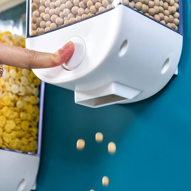 White wall-mounted transparent food storage box cereal dispenser on kitchen wall