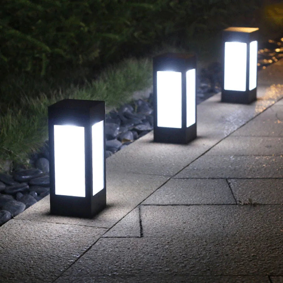 Set of solar-powered waterproof garden lights in different styles for outdoor use.