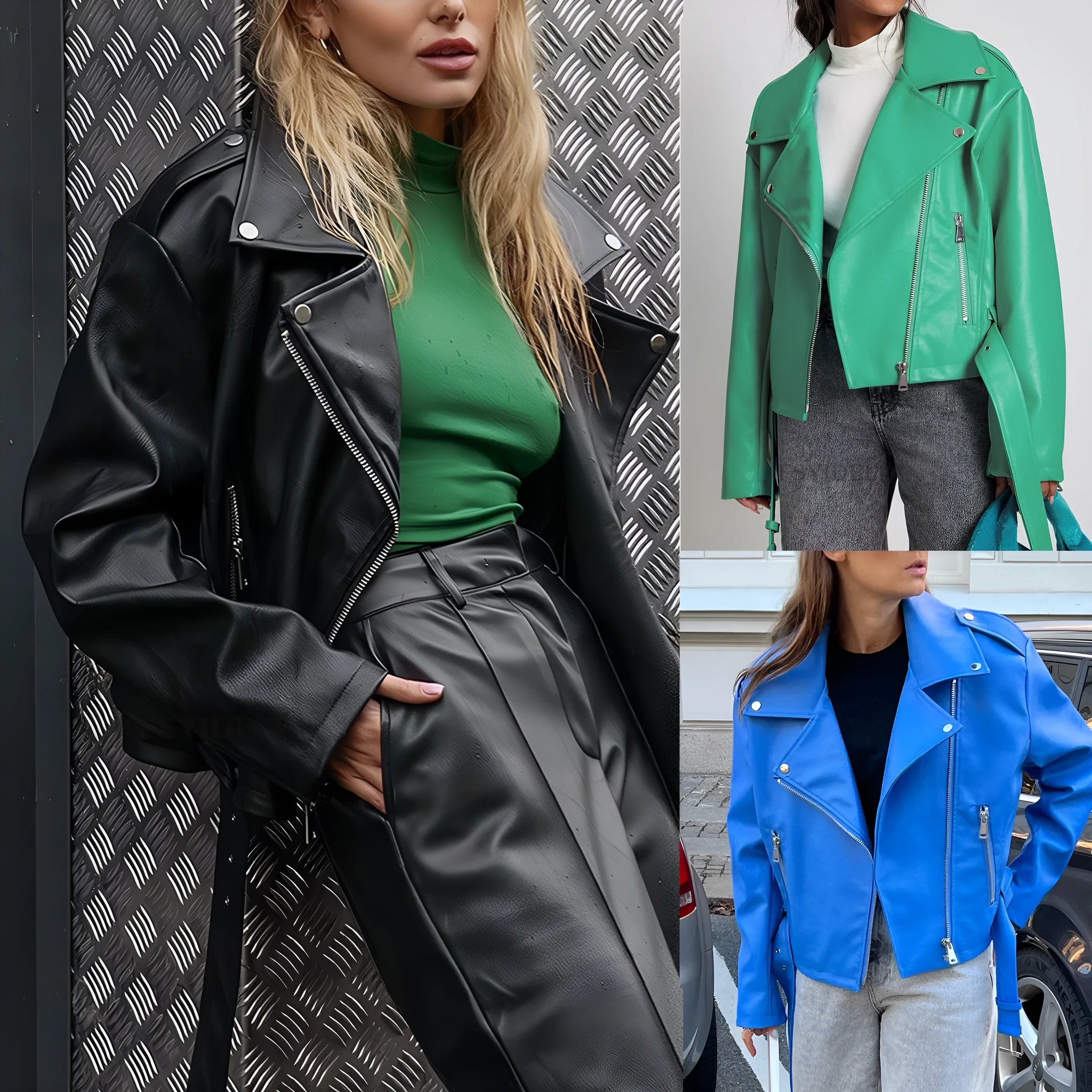 Black punk-style leather jacket with a Peter Pan collar, short belt on lapel, and a drawstring waist.