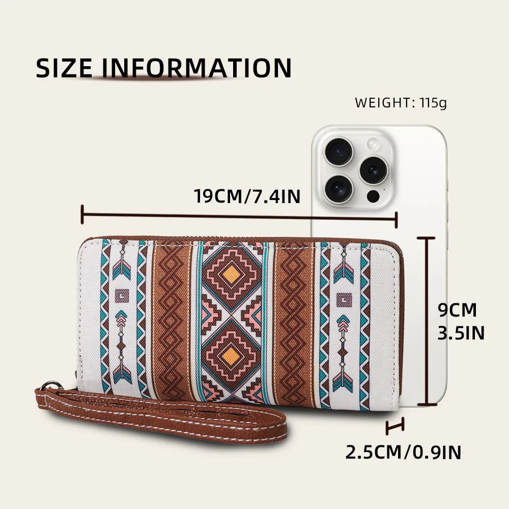 Bohemian striped canvas RFID wallet measuring 20x10x2cm with polyester lining