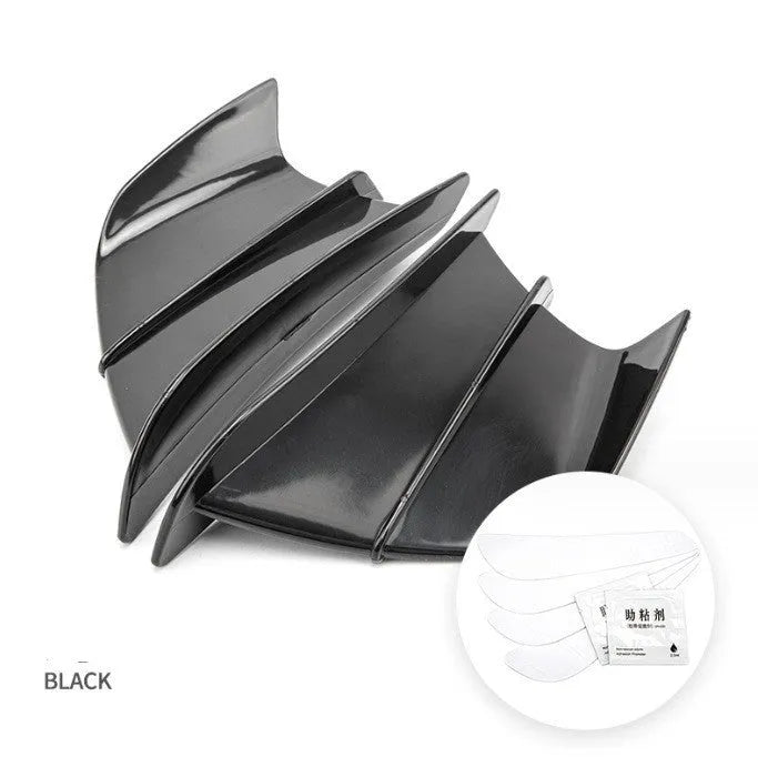 Universal motorcycle spoiler wings in four finish options: pure black, glossy forged, glossy carbon fibre, and elegant black carbon fibre pattern