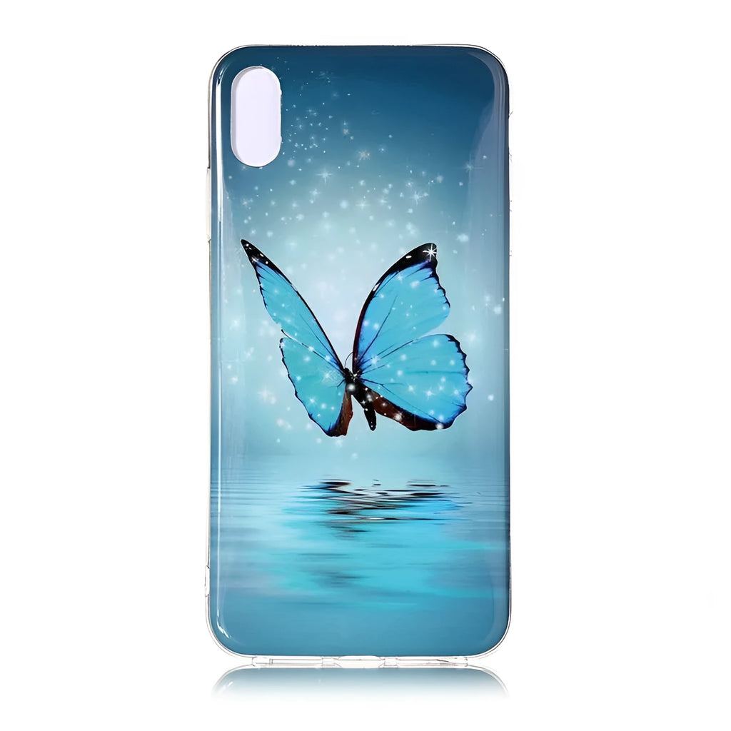 Luminous phone case with cartoon butterfly design for iPhone, glowing in low light.