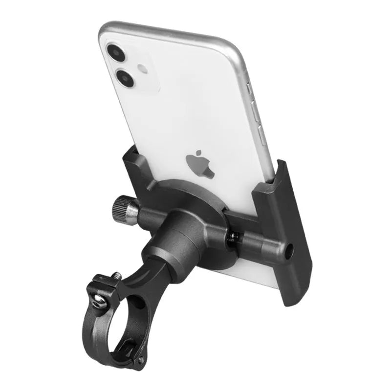 Black aluminium alloy bicycle phone holder mounted on a handlebar with a mobile phone secured inside.