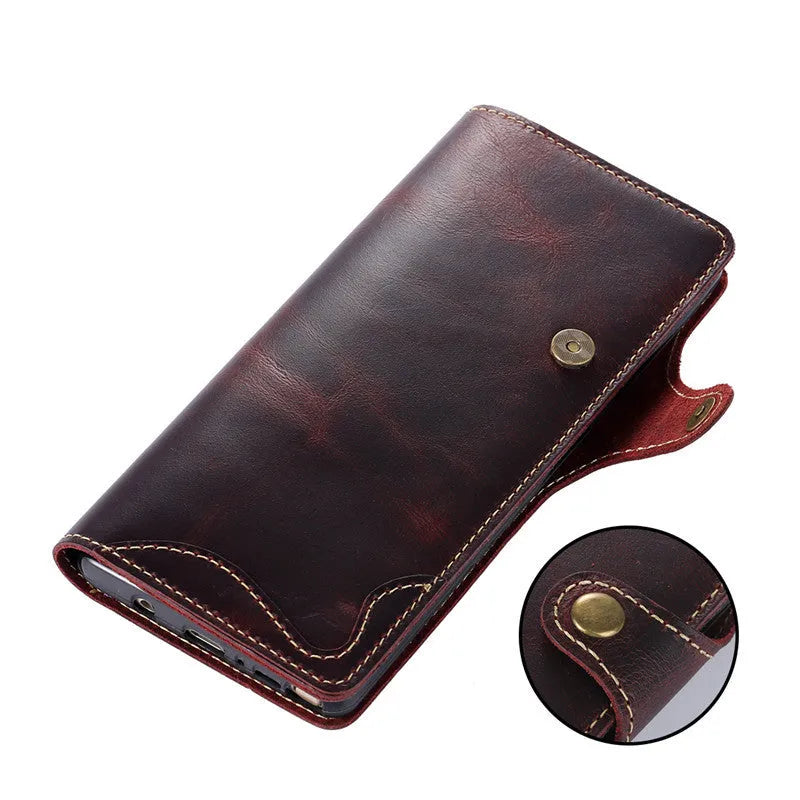 Handmade vintage oil waxed leather phone case with wallet and bracket in clamshell design