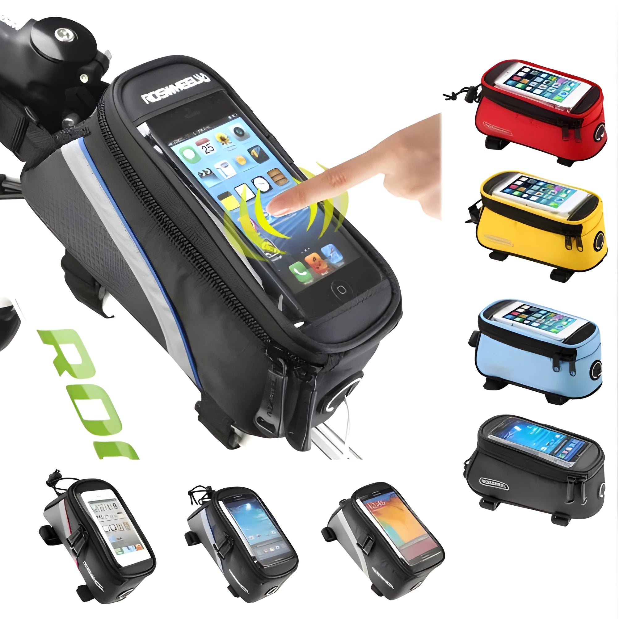 ROSWHEEL black bicycle frame bag holding a mobile phone mounted on a bike tube.