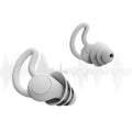 Silicone anti-noise sleep earplugs with shark fin design, 17mm x 14mm, shown in Black and Grey