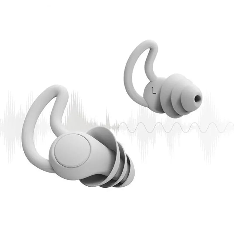 Silicone anti-noise sleep earplugs with shark fin design, 17mm x 14mm, shown in Black and Grey