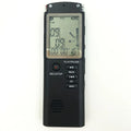 Compact black USB voice recorder with display screen, showing 16GB memory and external microphone port.