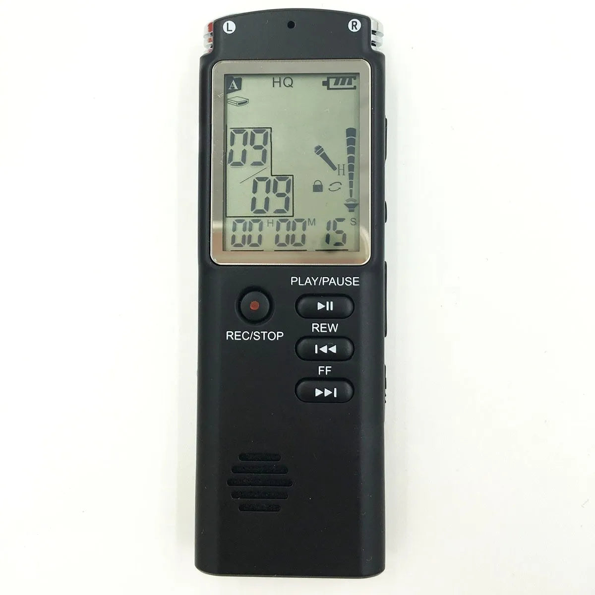 Compact black USB voice recorder with display screen, showing 16GB memory and external microphone port.