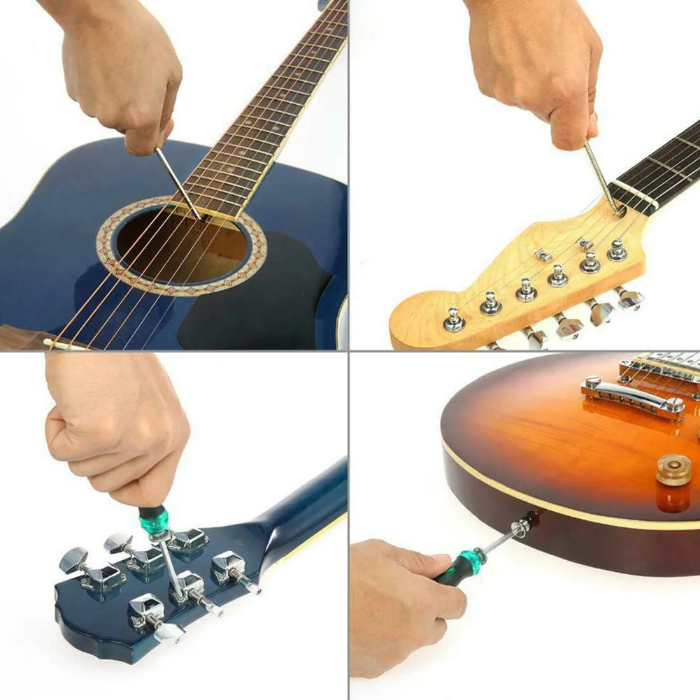 Black plastic and metal guitar repair tool kit for guitar, bass, mandolin, and banjo maintenance