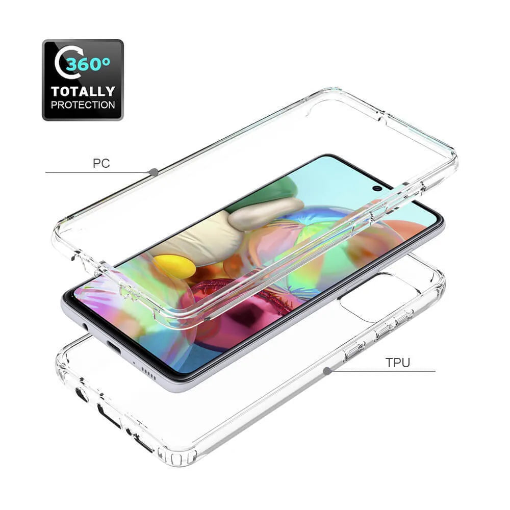 Transparent Samsung Galaxy phone case showing front and back views on a phone.