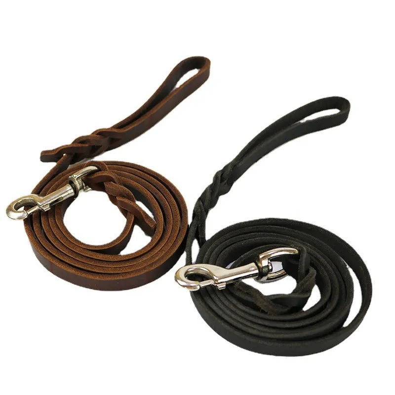 Cowhide leather dog walking rope in light brown or black, showing thickened 1.2cm width and length options for large breeds