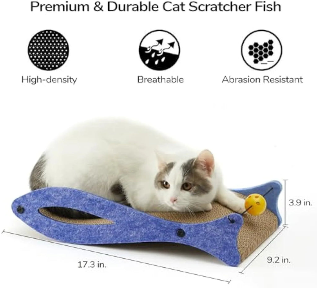 Blue fish-shaped cardboard cat scratcher lounge with bell ball toys for indoor cats.
