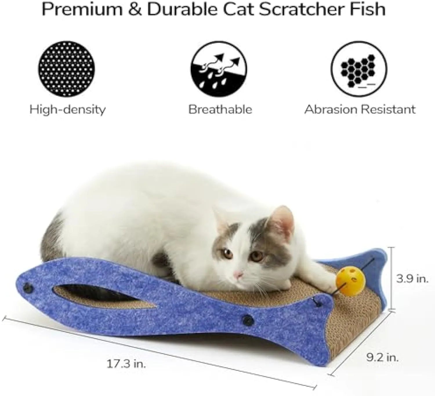 Blue fish-shaped cardboard cat scratcher lounge with bell ball toys for indoor cats.
