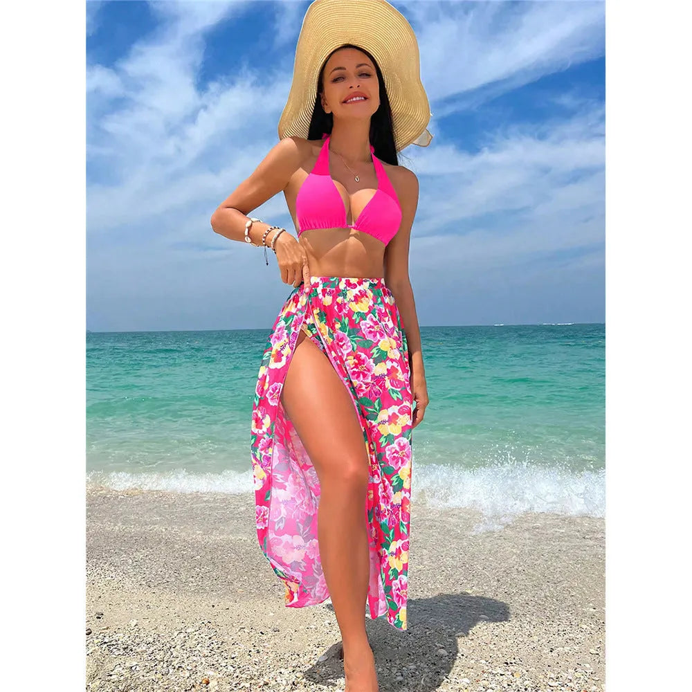 Printed high slit three-piece swimsuit set for women in Lake Green and Rose Red, sizes S to XL, polyester fabric