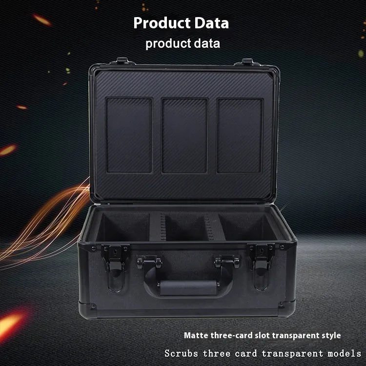 Black aluminium alloy brick card storage box with closed lid and metal frame; compact protective case for cards.