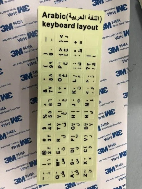 Yellow glowing keyboard stickers showing Arabic, Thai, Hebrew, French, Italian and German characters on PVC sheet