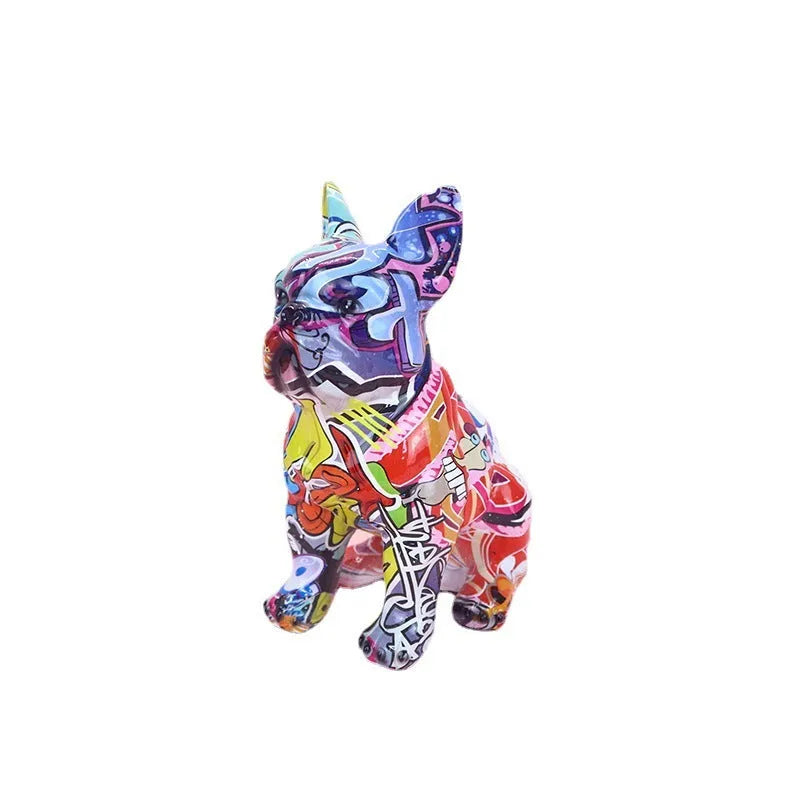 Graffiti-coloured French bulldog resin statue on a shelf, showing modern simple style.