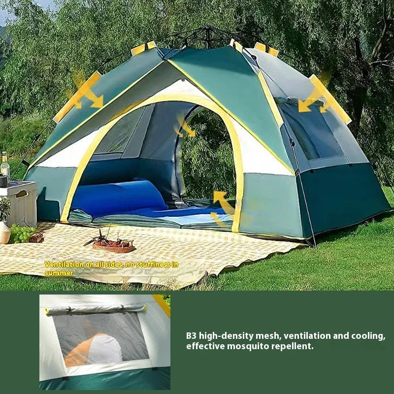 Dark green and silver quick-open double-layer camping tent for 3-4 people