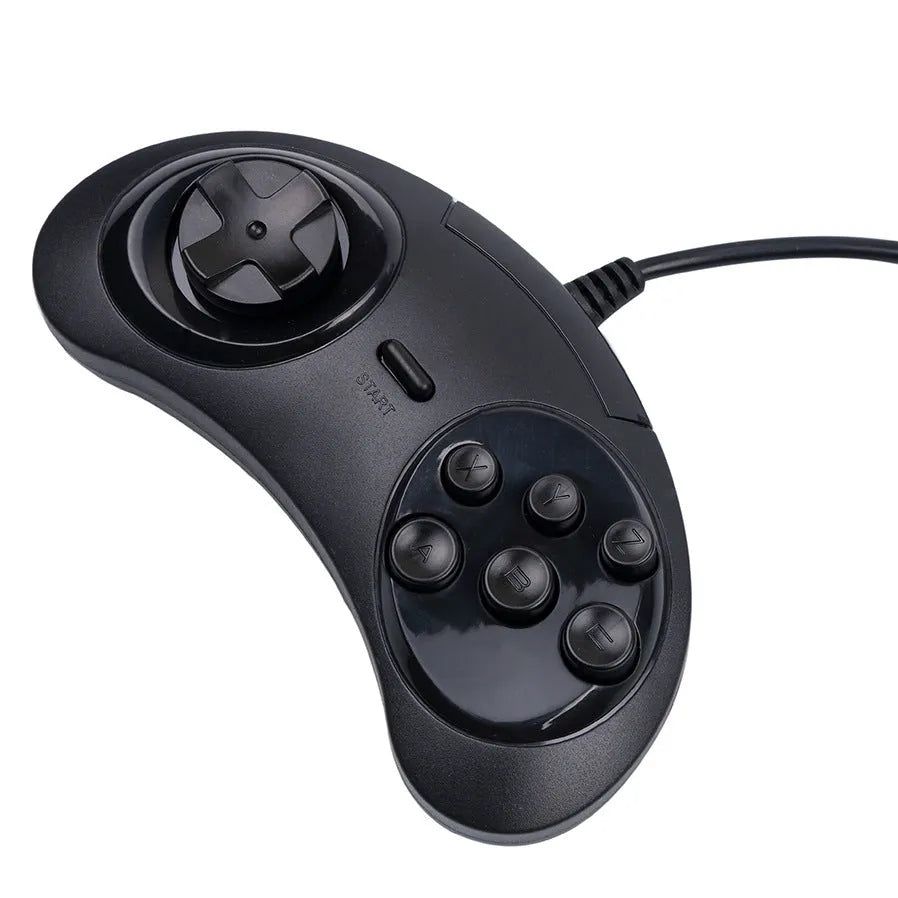 Black Sega USB PC game controller with 1.8 metre cable showing compact size