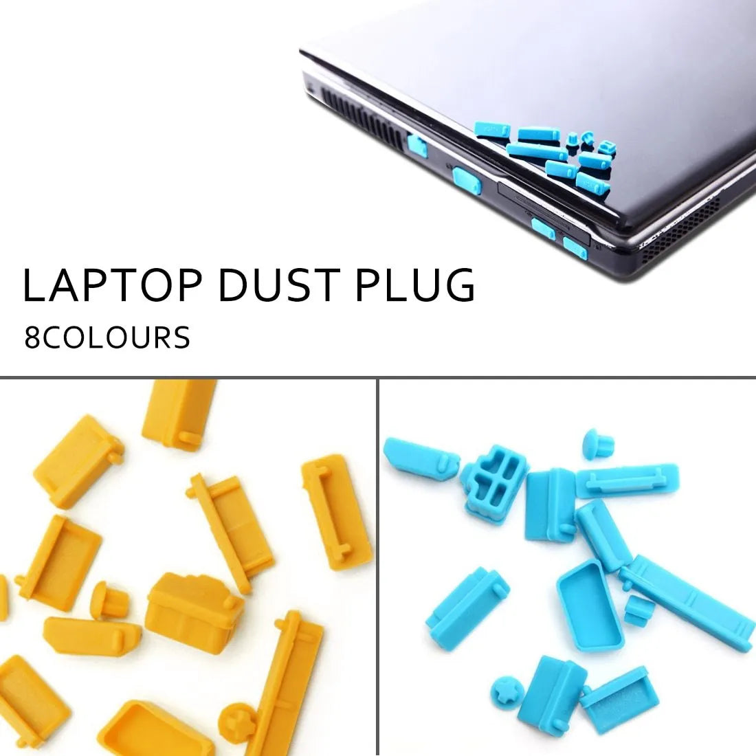 13 piece silicone laptop dust plug set including VGA, USB, HDMI, audio, RJ45, SD, and 1394 plugs in assorted colours