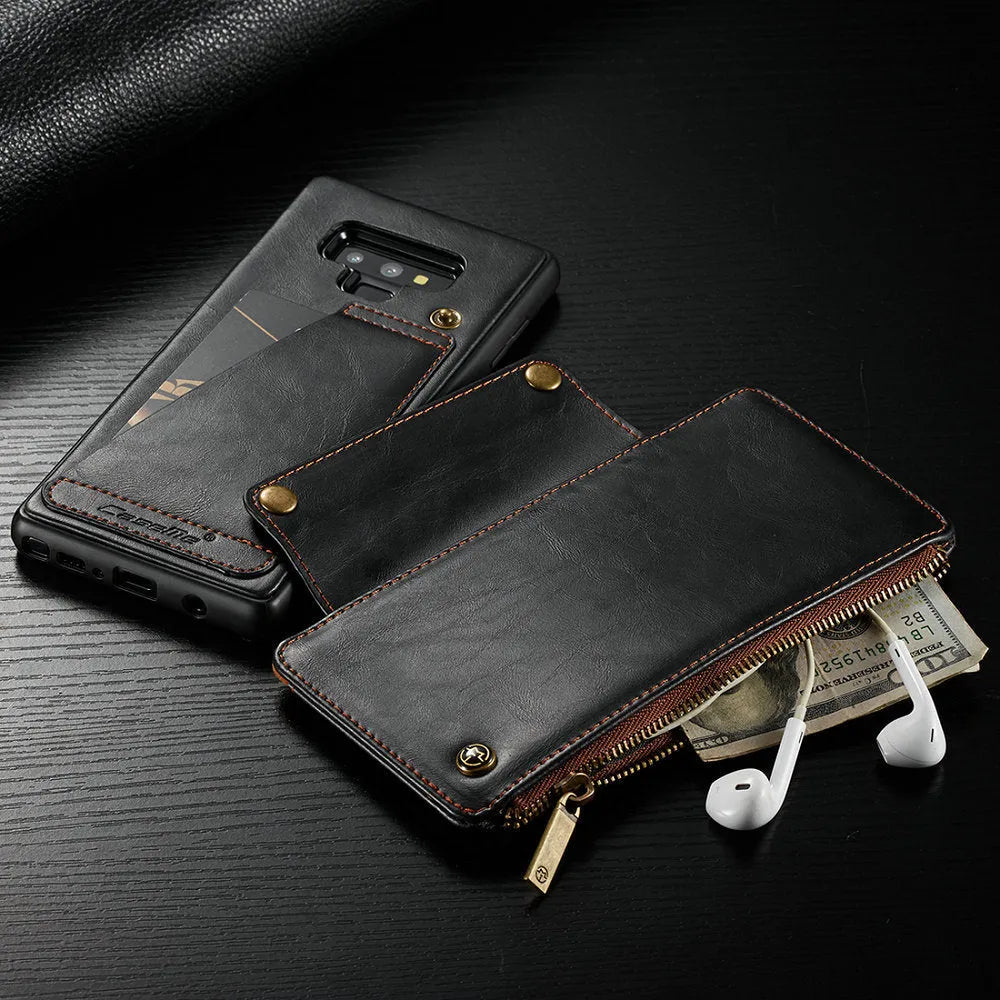 Black PU leather flip phone case open, showing Samsung Galaxy Note9 securely fitted inside.