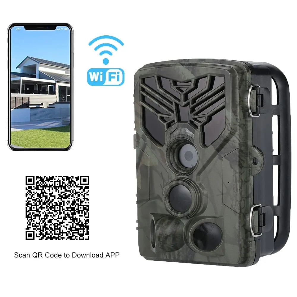 Wifi830 trail camera with camouflage pattern showing lens, infrared LEDs, and belt mount