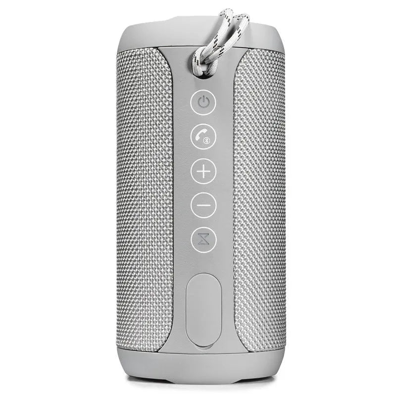 Waterproof outdoor portable Bluetooth speaker in black, camouflage, grey, or red colour options.