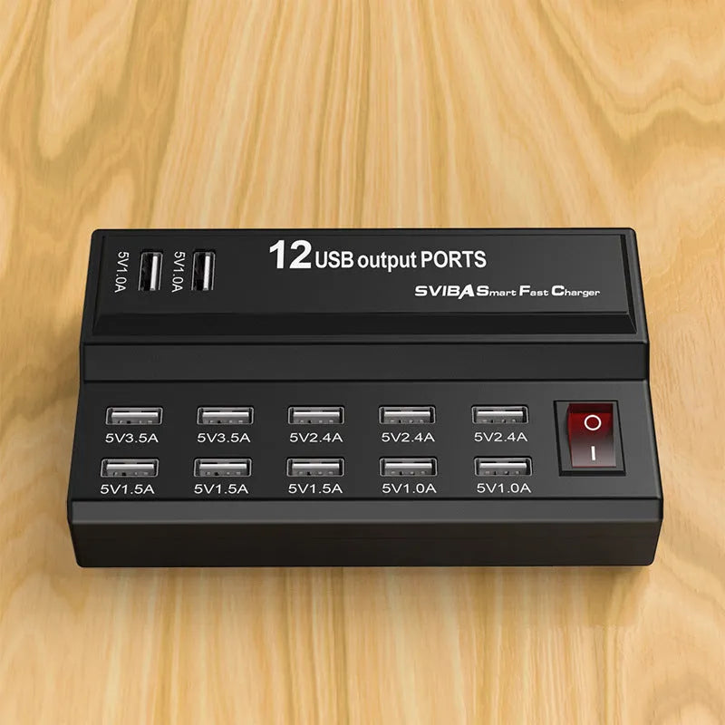 12 port USB fast charger with ABS+PC fireproof casing, model YCYD-A19, compact size 13.5x8.5x3.5cm